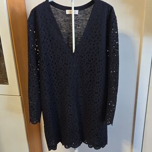 TORY BURCH Navy Eyelet Long Sleeve Mixed Media Cotton Linen Top Size 10